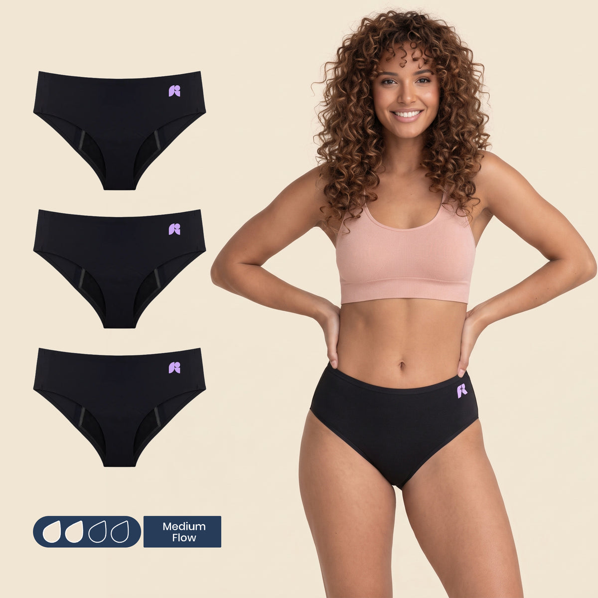 FreeFlowa Women's Period Pants - Seamless Mid-Brief Waist 3-Pack