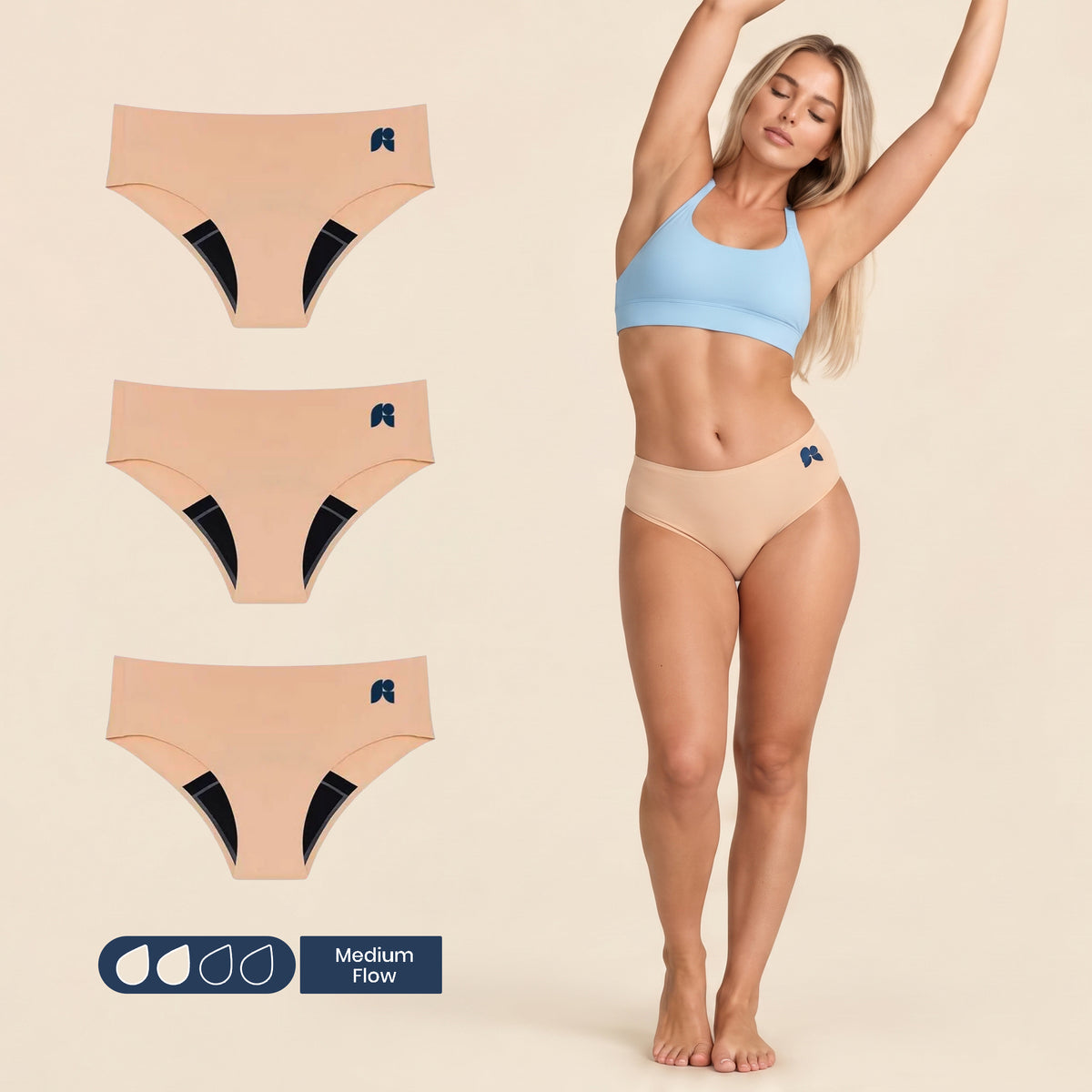 FreeFlowa Women's Period Pants - Seamless Mid-Brief Waist 3-Pack