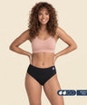 Woman wearing FreeFlowa black mid-brief period underwear