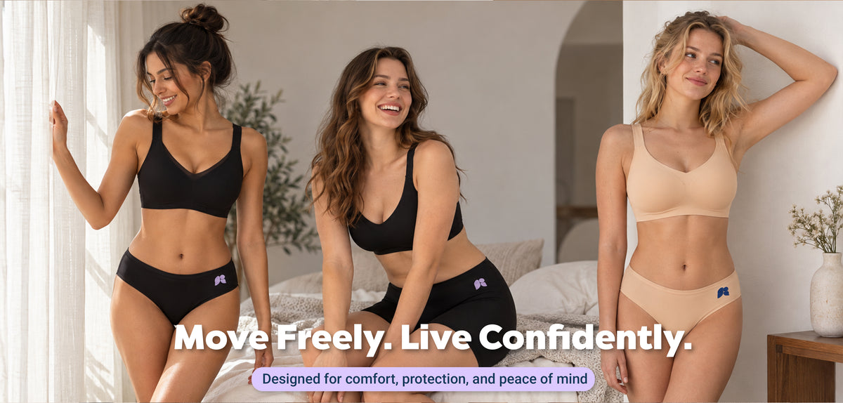 Women wearing FreeFlowa period underwear in a comfortable lifestyle setting