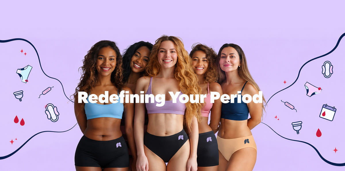 Women wearing FreeFlowa period underwear with Redefining Your Period message