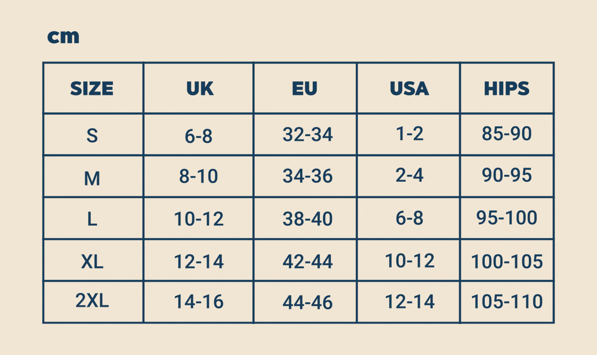 FreeFlowa period underwear size chart with UK, EU, US and hip measurements in cm