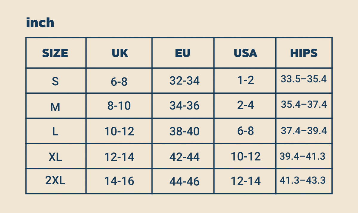 FreeFlowa period underwear size chart with UK, EU, US and hip measurements